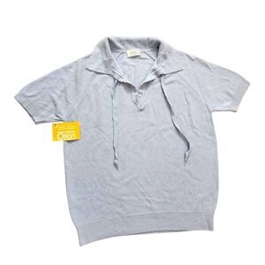 70's vintage Dupont Orlon Acrylic drawstring Key hole Pullover Shirt Blue collar